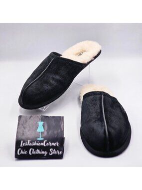 UGG  Men's Black Suede Sheepskin Lined Scuff Slip-On Slippers Size 12 3353